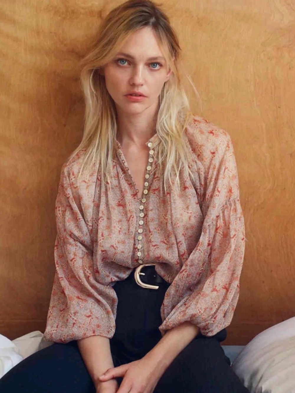 Boho Blush Paisley Pearl Button-Front Woman’s Blouse Puffed Sleeve Boho Large L